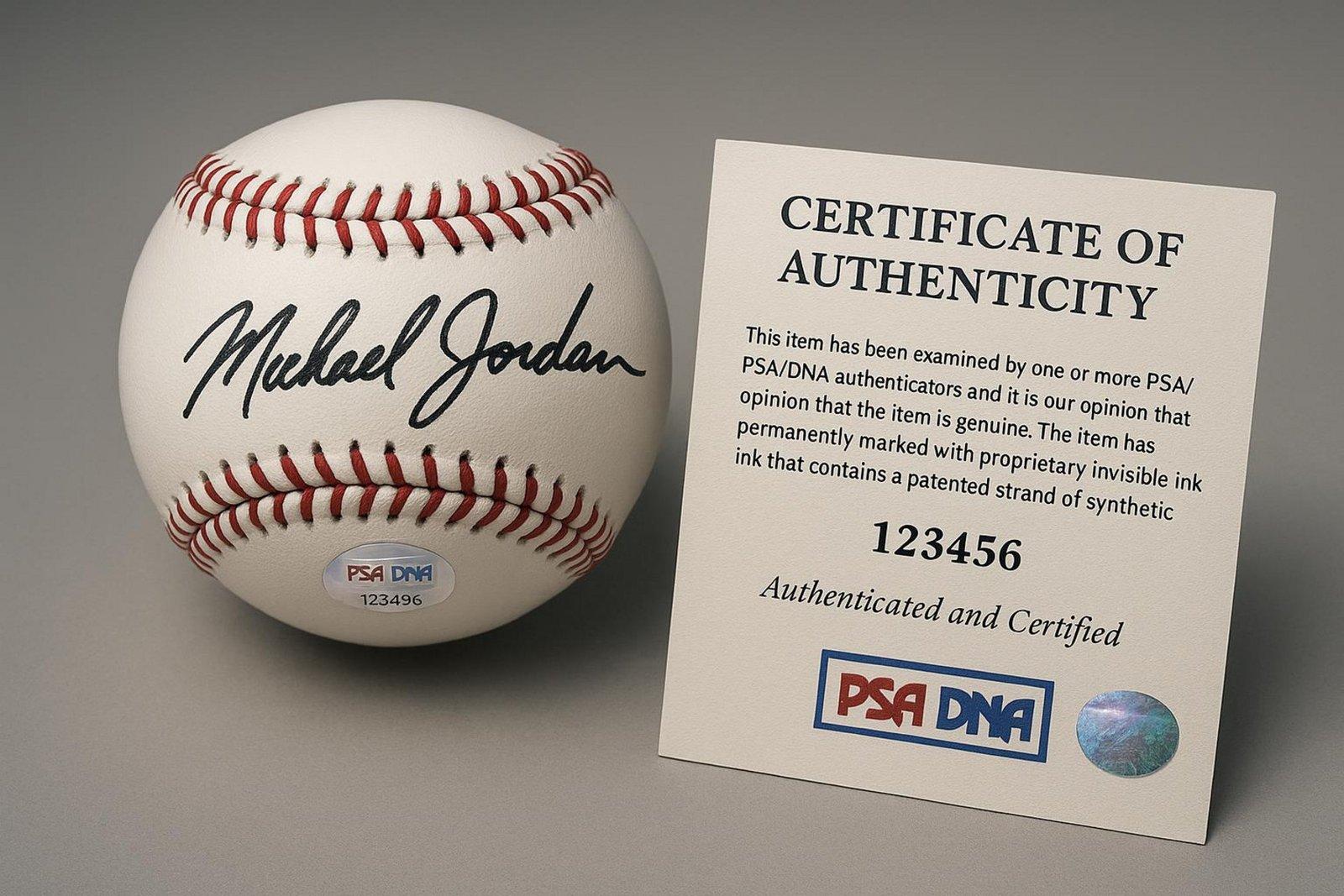 Photorealistic image of an autographed baseball with its official Certificate of Authenticity and matching hologram sticker, emphasizing verification and authenticity.