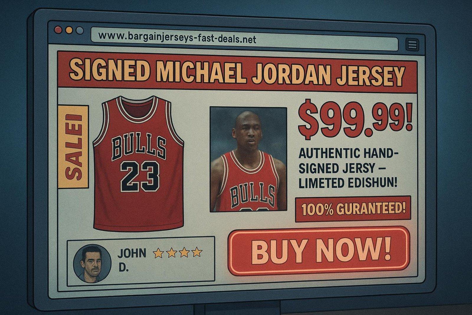 Stylized illustration of a computer screen displaying a suspicious online store with a fake Michael Jordan jersey for a low price and unprofessional design elements.