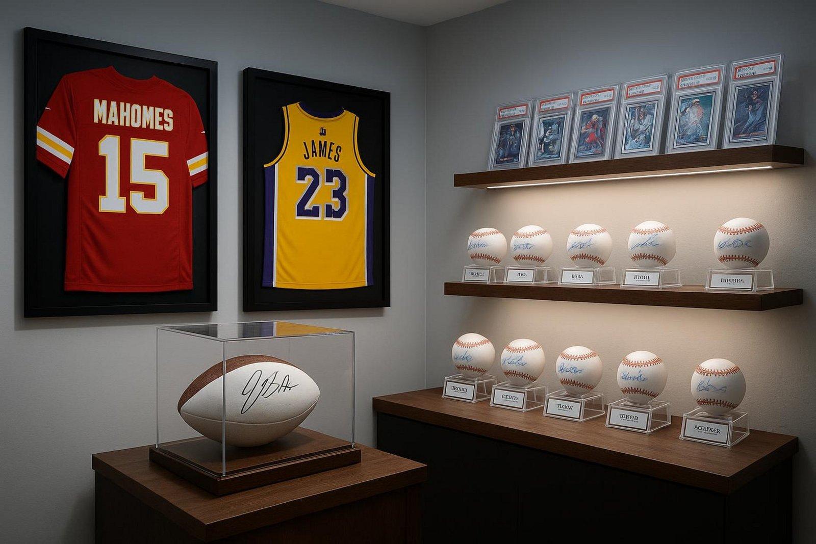 A well-organized sports memorabilia display in a dedicated room with framed jerseys, a signed football in a glass case, autographed baseballs on stands, and graded trading cards on a shelf.