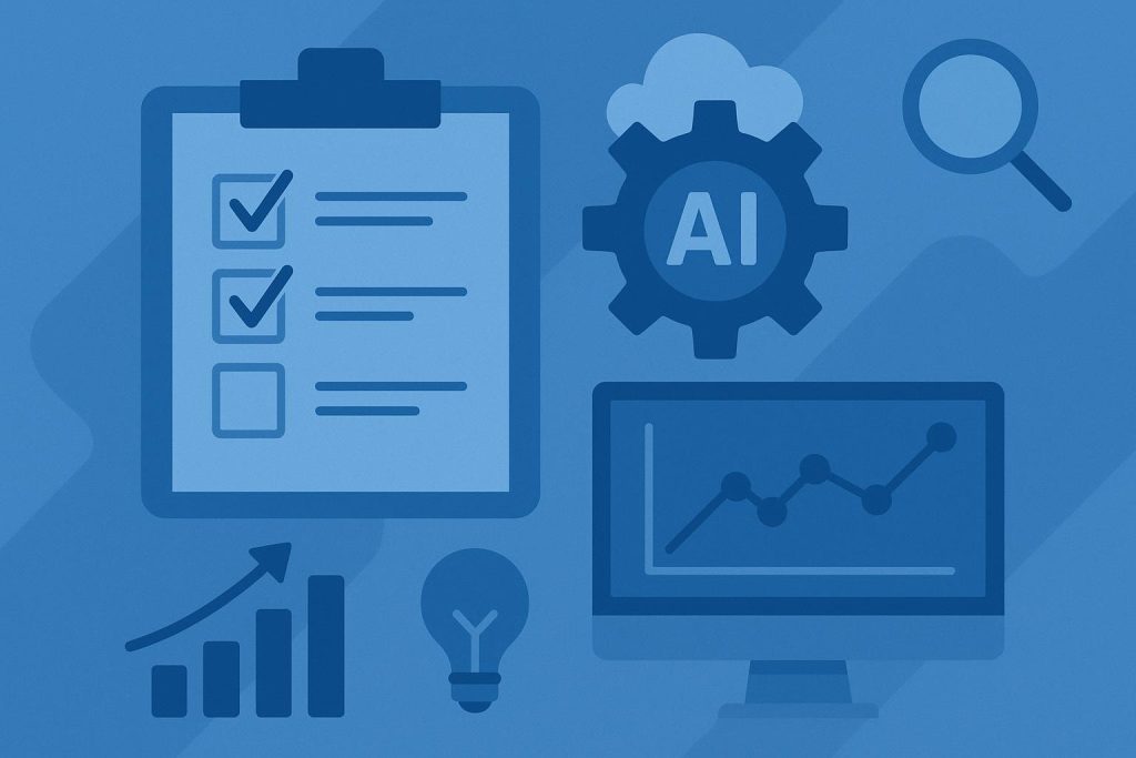 Digital interface with AI icons and charts illustrating modern product management strategies