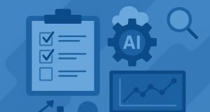 Digital interface with AI icons and charts illustrating modern product management strategies