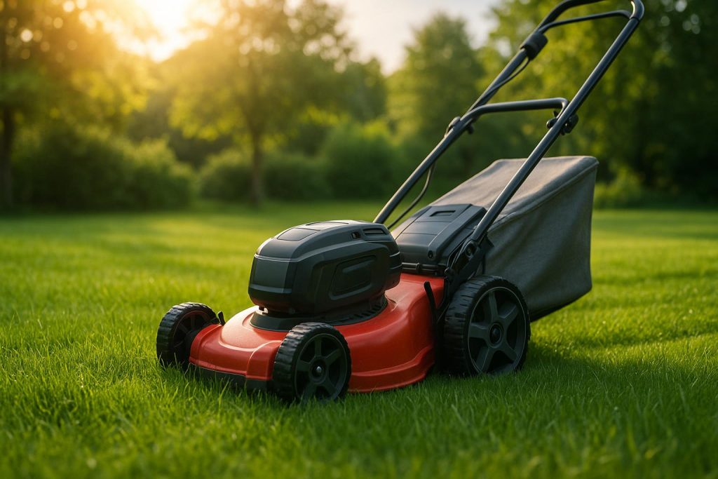 Electric lawn mower quietly cutting grass on a green lawn, showcasing eco-friendly lawn care