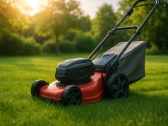 Electric lawn mower quietly cutting grass on a green lawn, showcasing eco-friendly lawn care