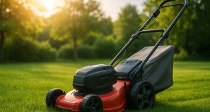 Electric lawn mower quietly cutting grass on a green lawn, showcasing eco-friendly lawn care