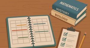 Student reviewing class schedule and textbooks for smart course load planning in college