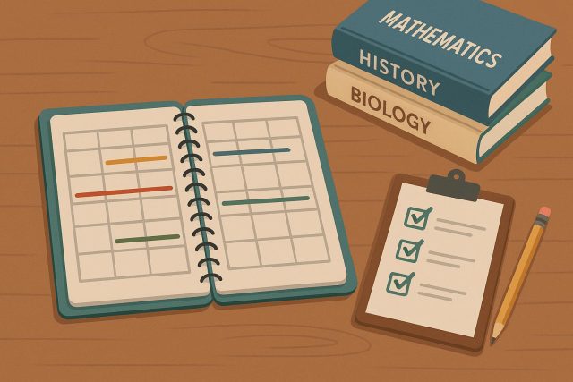 Student reviewing class schedule and textbooks for smart course load planning in college
