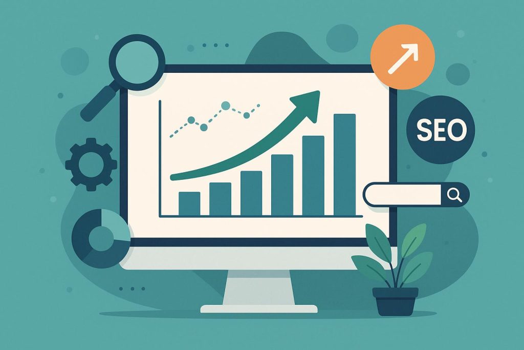 Graph illustrating upward website traffic and growth with SEO strategy icons and digital analytics charts