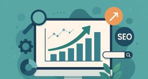 Graph illustrating upward website traffic and growth with SEO strategy icons and digital analytics charts