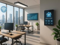 Modern smart office space with digital technology and collaborative workstations