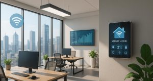 Modern smart office space with digital technology and collaborative workstations