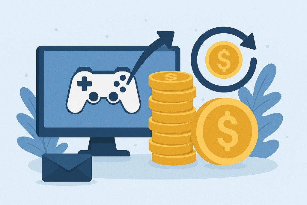 Online gaming affiliate dashboard showing recurring commission earnings and digital revenue charts