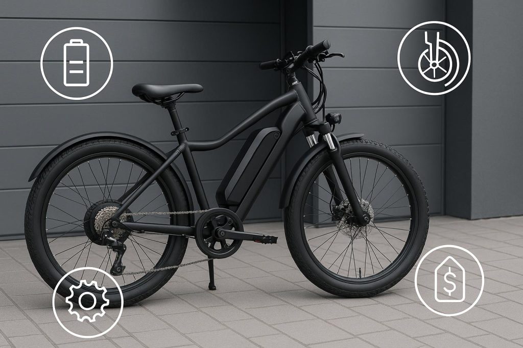 Electric cycle parked outdoors, highlighting features and accessories for buyer inspection