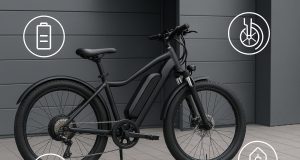 Electric cycle parked outdoors, highlighting features and accessories for buyer inspection