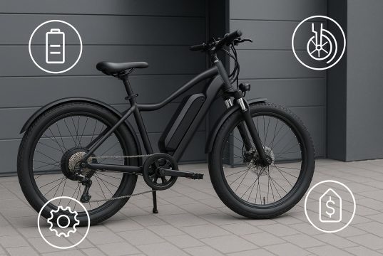 Electric cycle parked outdoors, highlighting features and accessories for buyer inspection