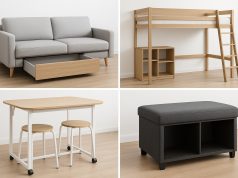 Contemporary multi-functional furniture set with convertible sofa, extendable table, and storage units