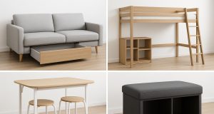 Contemporary multi-functional furniture set with convertible sofa, extendable table, and storage units