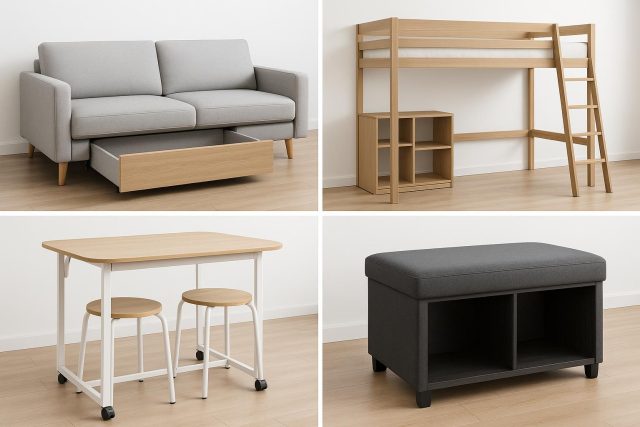 Contemporary multi-functional furniture set with convertible sofa, extendable table, and storage units