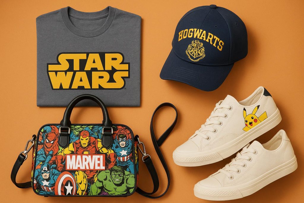Apparel and accessories inspired by popular movies and TV shows highlighting fandom fashion trends