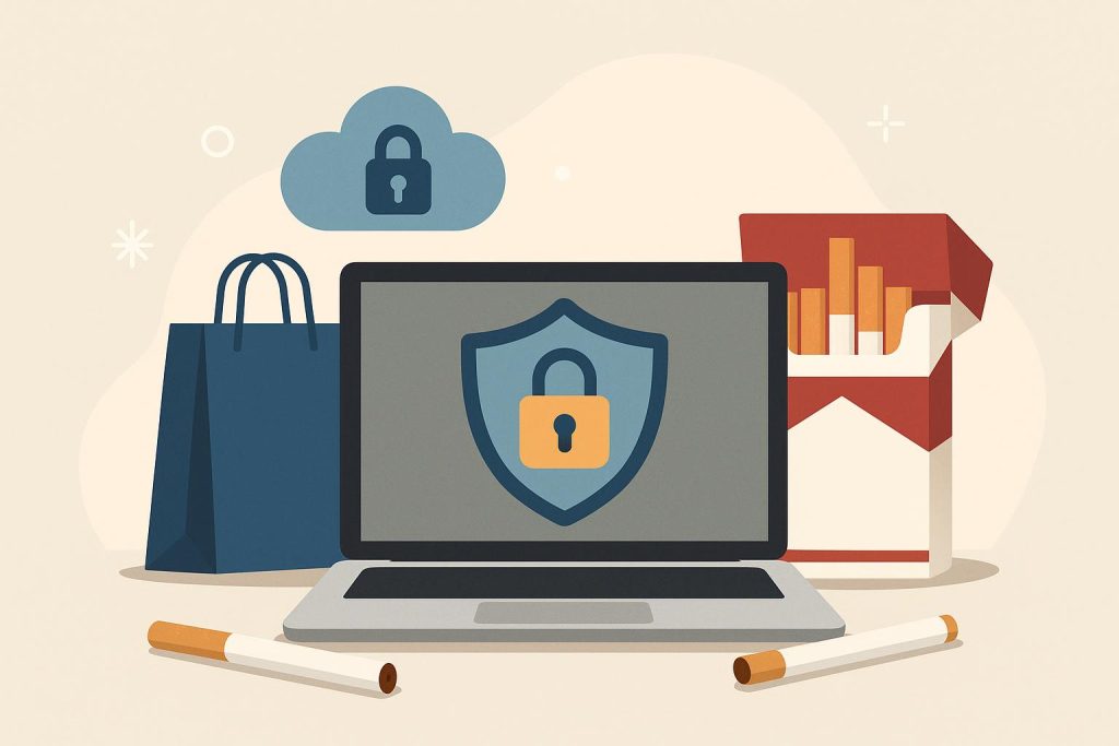 Shield icon over a shopping cart symbolizing secure online nicotine product purchases and privacy.