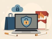 Shield icon over a shopping cart symbolizing secure online nicotine product purchases and privacy.