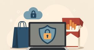 Shield icon over a shopping cart symbolizing secure online nicotine product purchases and privacy.
