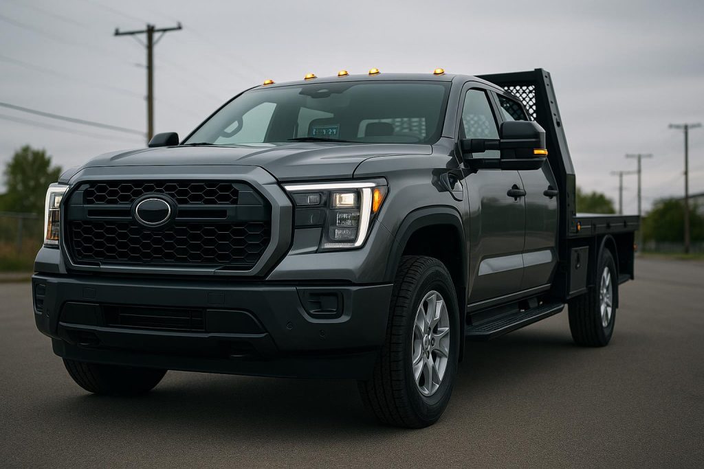 Modern work truck equipped with advanced technology features, dashboard, and digital controls