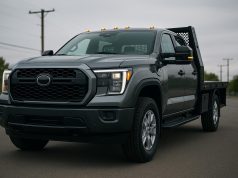 Modern work truck equipped with advanced technology features, dashboard, and digital controls