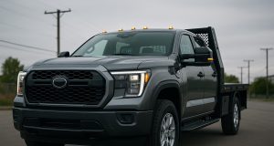 Modern work truck equipped with advanced technology features, dashboard, and digital controls