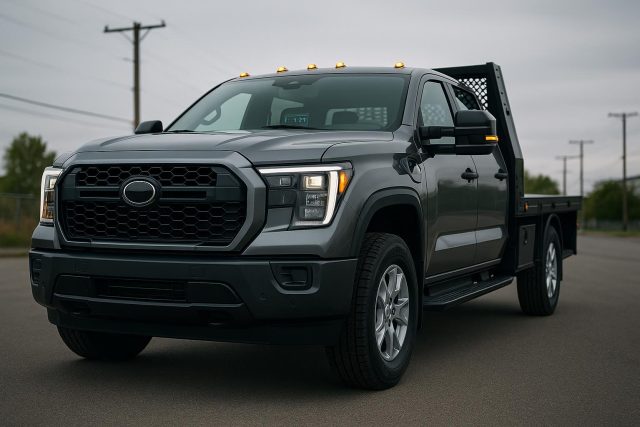Modern work truck equipped with advanced technology features, dashboard, and digital controls