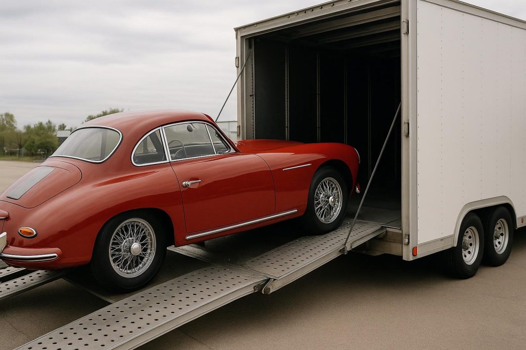 Classic vintage car securely loaded inside an enclosed auto transport trailer for safe shipping