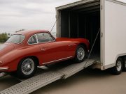 Classic vintage car securely loaded inside an enclosed auto transport trailer for safe shipping