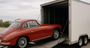 Classic vintage car securely loaded inside an enclosed auto transport trailer for safe shipping