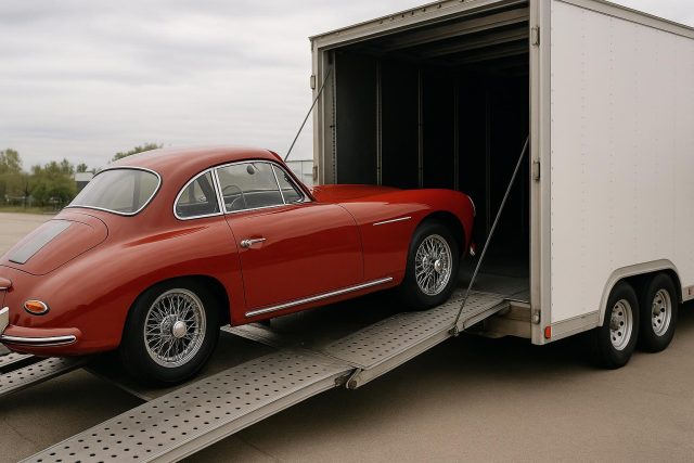 Benefits of Enclosed Transport for Classic and Vintage Cars Classic vintage car securely loaded inside an enclosed auto transport trailer for safe shipping