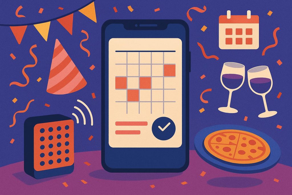 Smartphone displaying event planning app with calendar and party invitations on screen