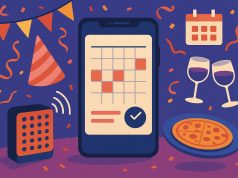 Smartphone displaying event planning app with calendar and party invitations on screen