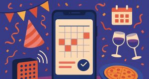 Smartphone displaying event planning app with calendar and party invitations on screen
