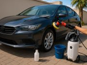 Mobile car detailing professionals cleaning a vehicle exterior in Perth driveway