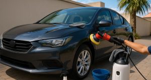 Mobile car detailing professionals cleaning a vehicle exterior in Perth driveway