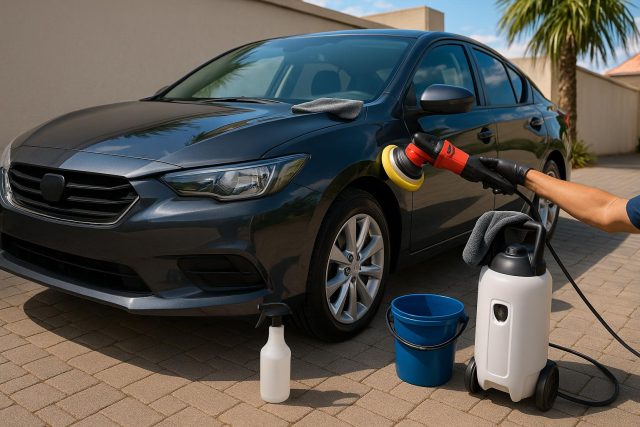 What to Expect From a Mobile Car Detailing Service in Perth Mobile car detailing professionals cleaning a vehicle exterior in Perth driveway