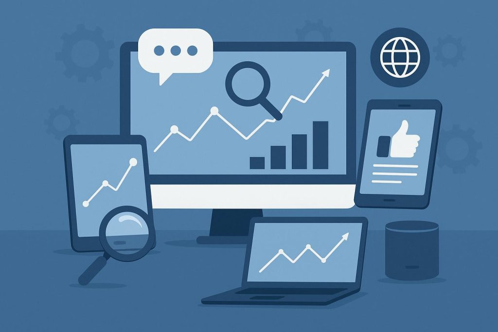 Digital marketer analyzing data dashboards for tracking conversations, trends, and brand mentions