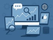 Digital marketer analyzing data dashboards for tracking conversations, trends, and brand mentions