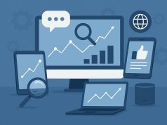 Digital marketer analyzing data dashboards for tracking conversations, trends, and brand mentions