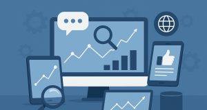Digital marketer analyzing data dashboards for tracking conversations, trends, and brand mentions