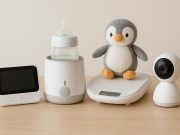 Smart baby monitor, wearable baby tracker, bottle warmer, and white noise machine on a table