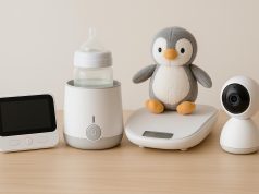 Smart baby monitor, wearable baby tracker, bottle warmer, and white noise machine on a table