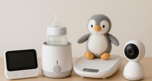 Smart baby monitor, wearable baby tracker, bottle warmer, and white noise machine on a table
