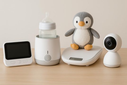 Smart baby monitor, wearable baby tracker, bottle warmer, and white noise machine on a table