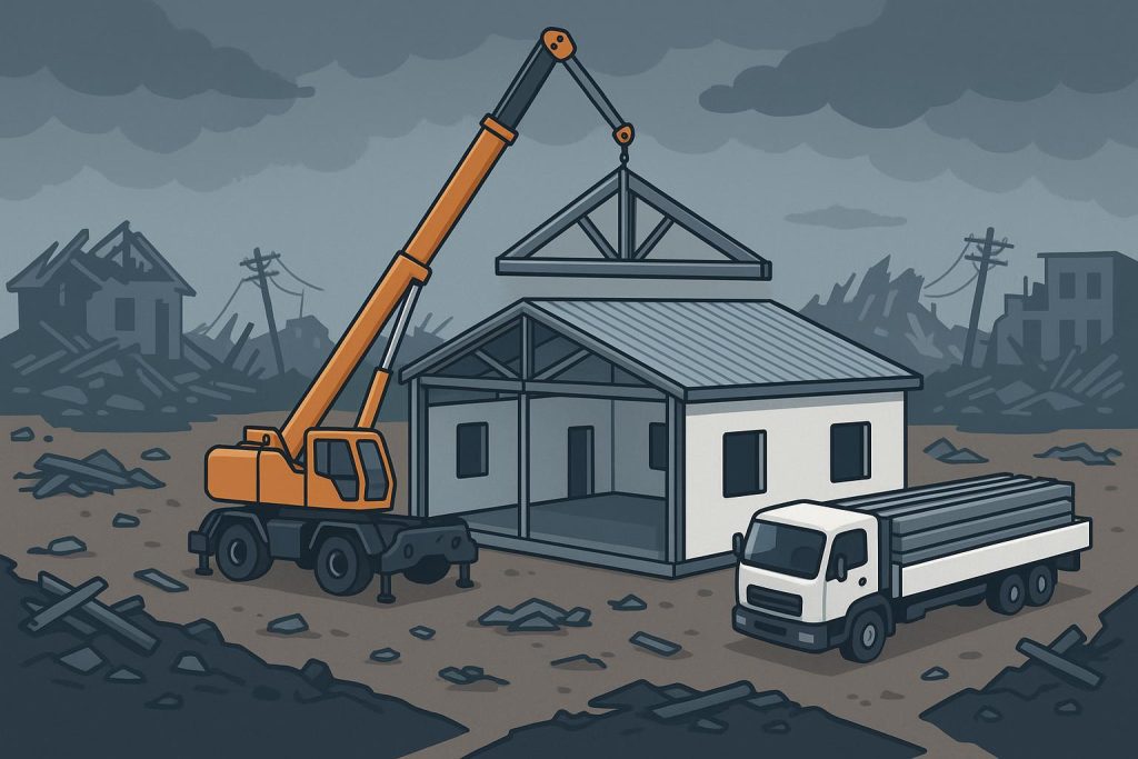 Prefabricated steel structures being assembled quickly for efficient disaster relief response
