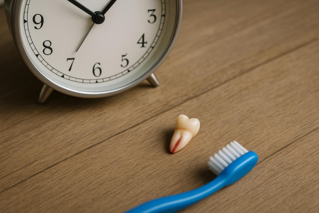 Dislodged tooth on a surface with dental tools emphasizing urgent emergency dental care
