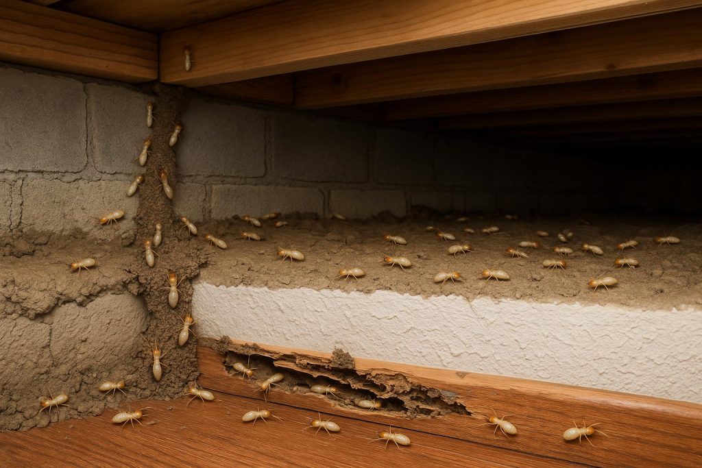 Termite infestation spreading inside hidden wooden wall structures and foundation beams